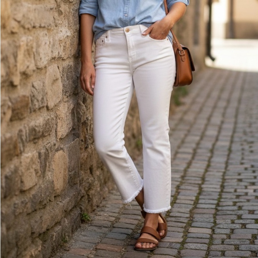 Liverpool LA Kennedy Bone White Crop Straight Raw Hem Jeans Coastal‎ Chic 8/29